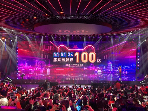 중국 저장성 항저우 알리바바 본사의 프레스룸 화면에 '11·11(쌍십일) 쇼핑 축제'가 11일 오전 0시에 시작되고 나서 1분 36초 만에 거래액이 100억 위안을 넘어섰다는 내용이 표시되고 있다. 항저우=연합뉴스